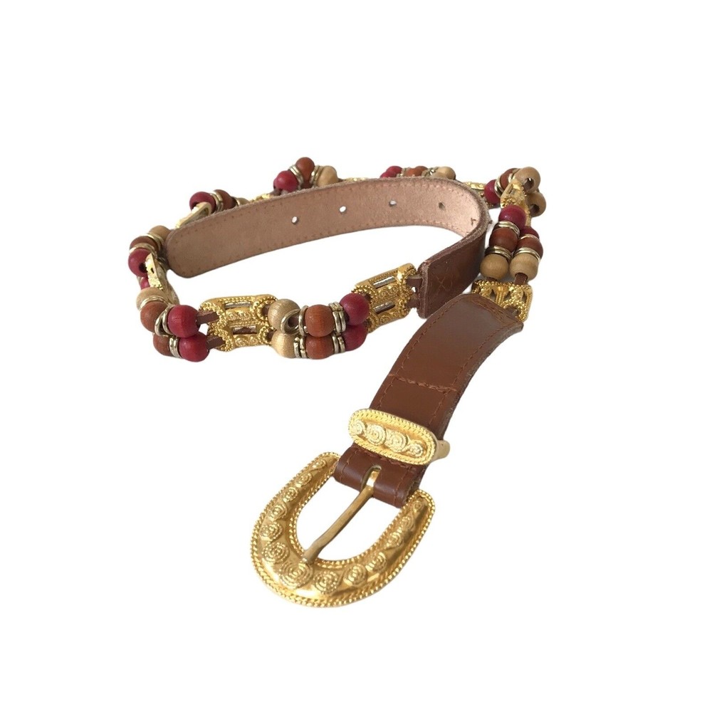 Express Women Brown Belt Size M Wood Beads Buckle Genuine Leather Boho bohemian